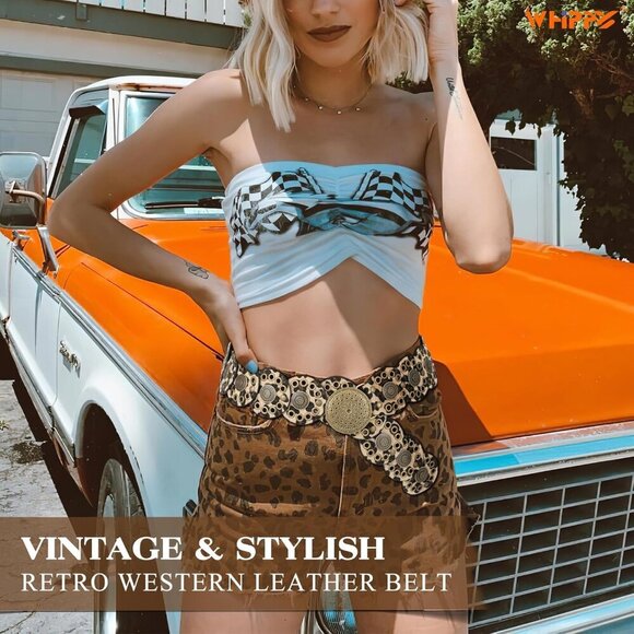 Women Vintage Disc Waist Concho Leather Belt Boho Waist Belt Leopard Bronze main image 4